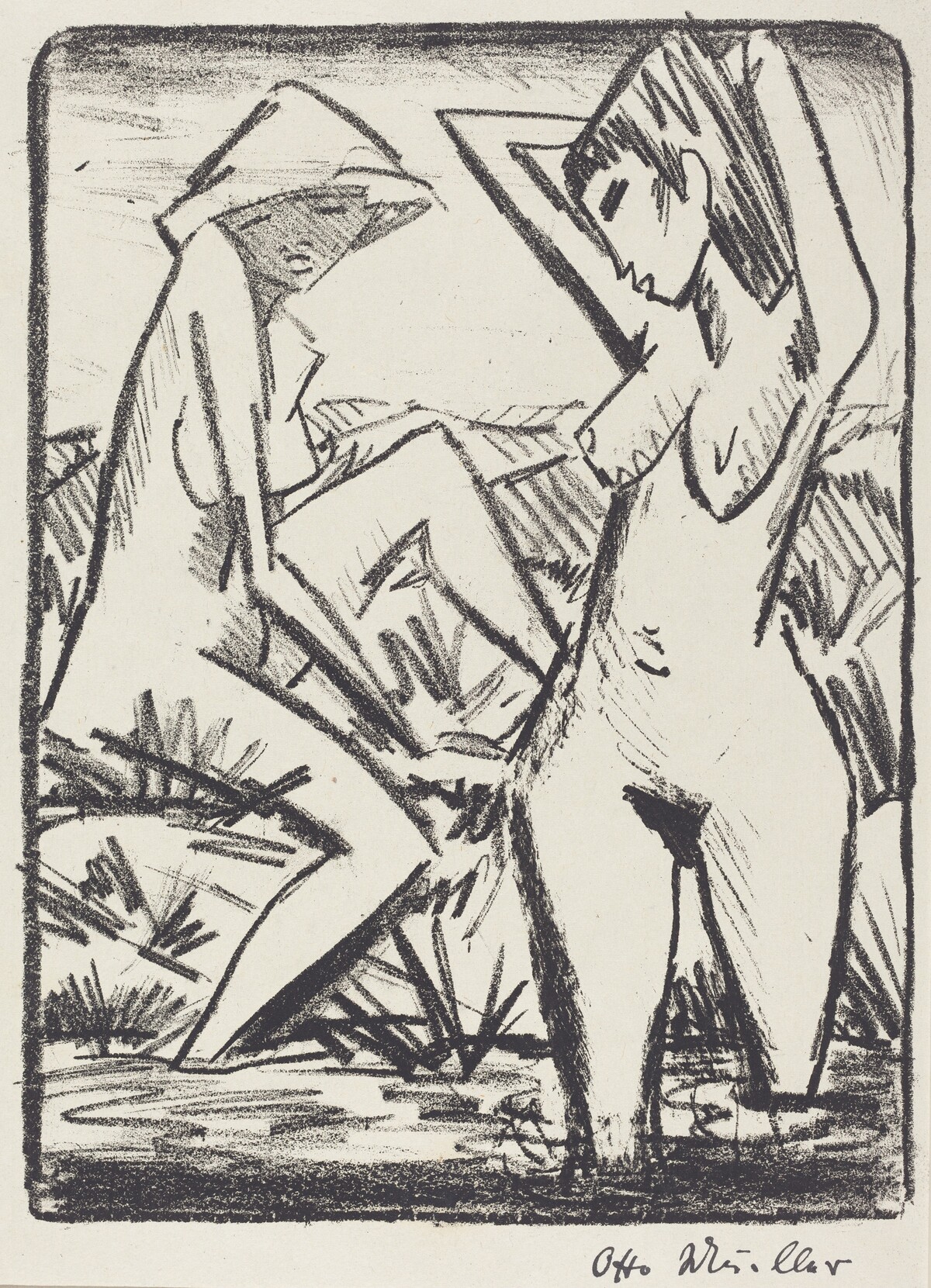 Standing Girl in Water and the Other Sitting on Shore (Im Wasser stehendes und am Ufer sitzendes Madchen mit Hut) by Otto Mueller