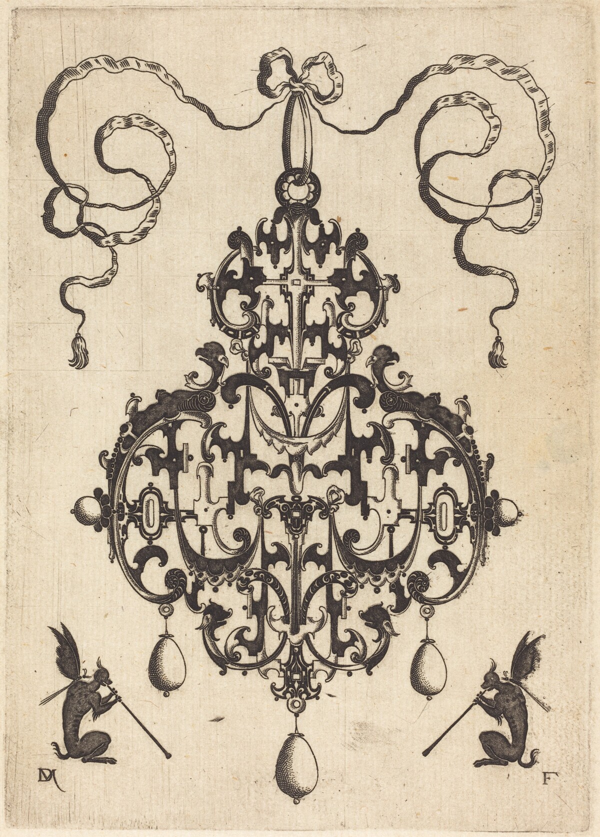 Large Pendant, Two Winged Fantasy Creatures with Trumpets at Bottom by Daniel Mignot