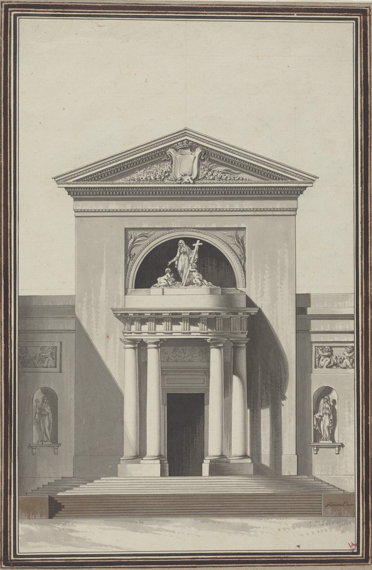 Facade for a Church with a Sculpture Representing Faith by Louis Gustave Taraval