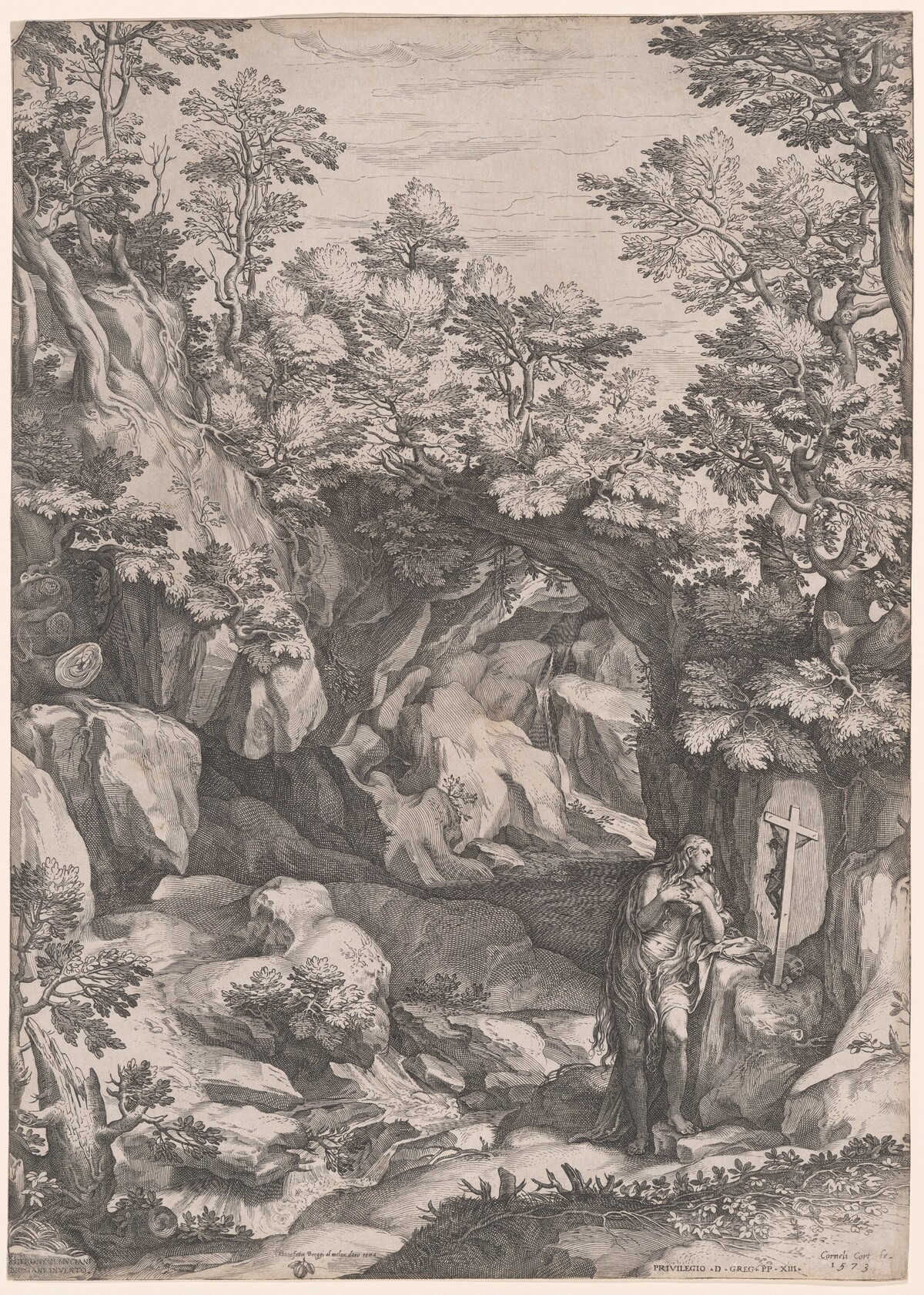 Landscape with a Penitent Magdalene by Cornelis Cort, after Girolamo Muziano