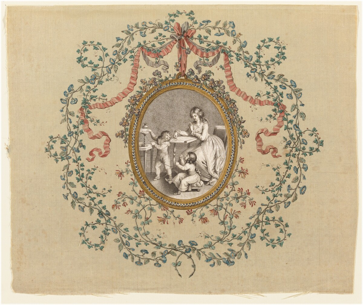 Seated Woman Sketching a Design for Embroidery and Children Winding Yarn by French 18th Century