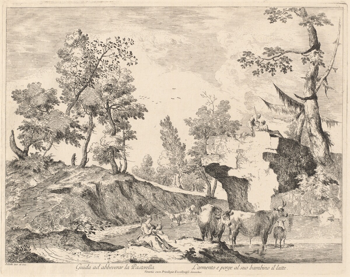 Landscape with Shepherdess and Herd at a Watering Hole by Domenico Bernardo Zilotti