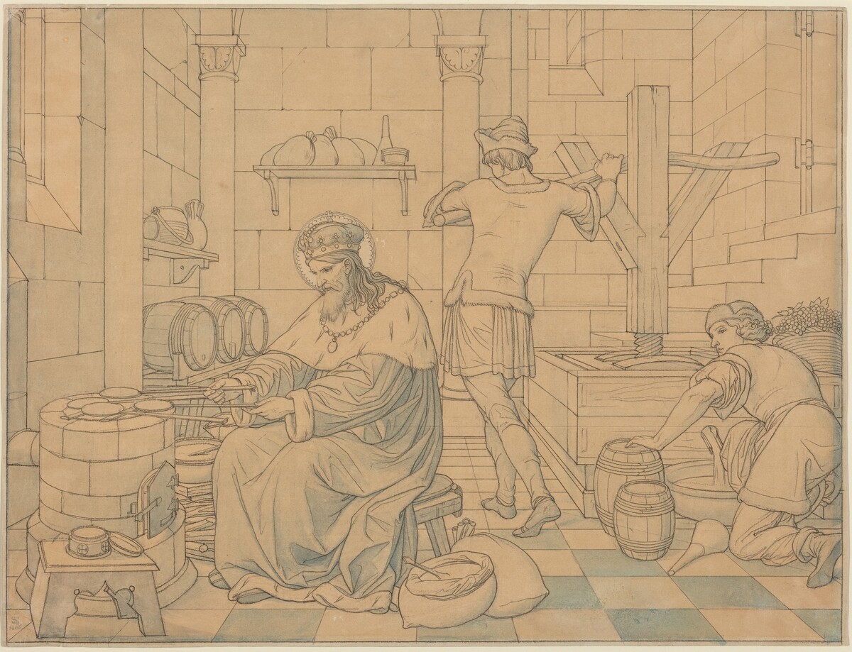Saint Wenzel Cooking Hosts as Two Youths Press Wine by Edward Jakob von Steinle