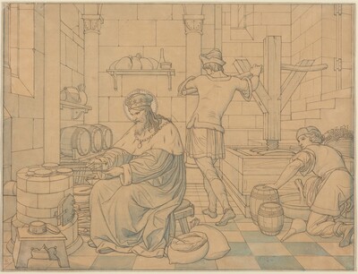 Saint Wenzel Cooking Hosts as Two Youths Press Wine