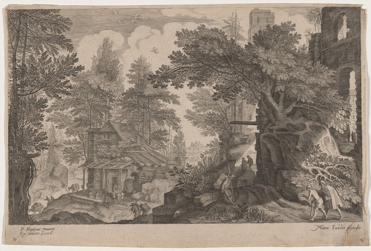Travelers Resting in a Forest near a Hut by Aegidius Sadeler II, Pieter Stevens