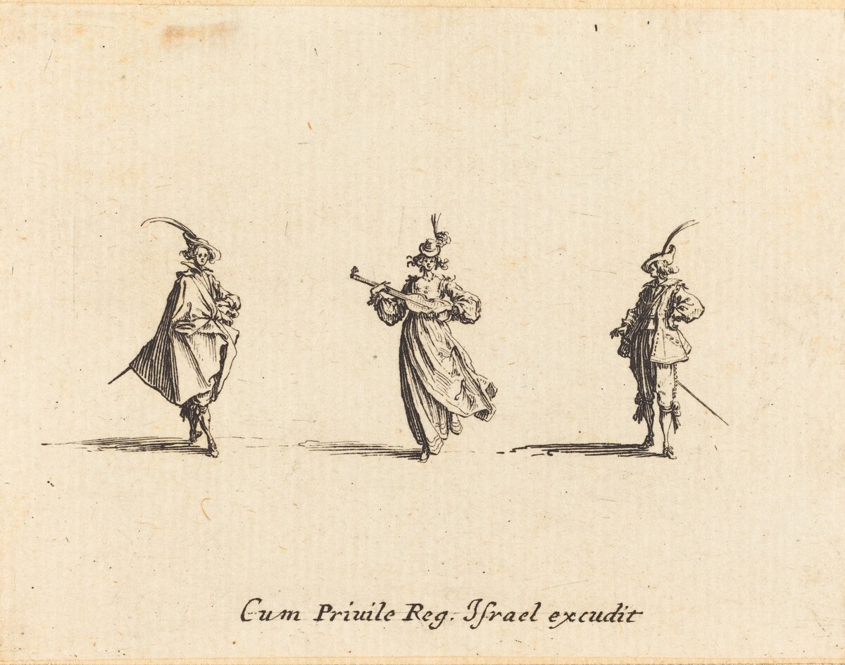 Lady with String Instrument, and Two Gentlemen by Jacques Callot