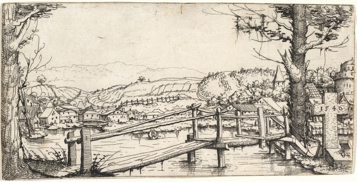 River Landscape with a Footbridge by Augustin Hirschvogel