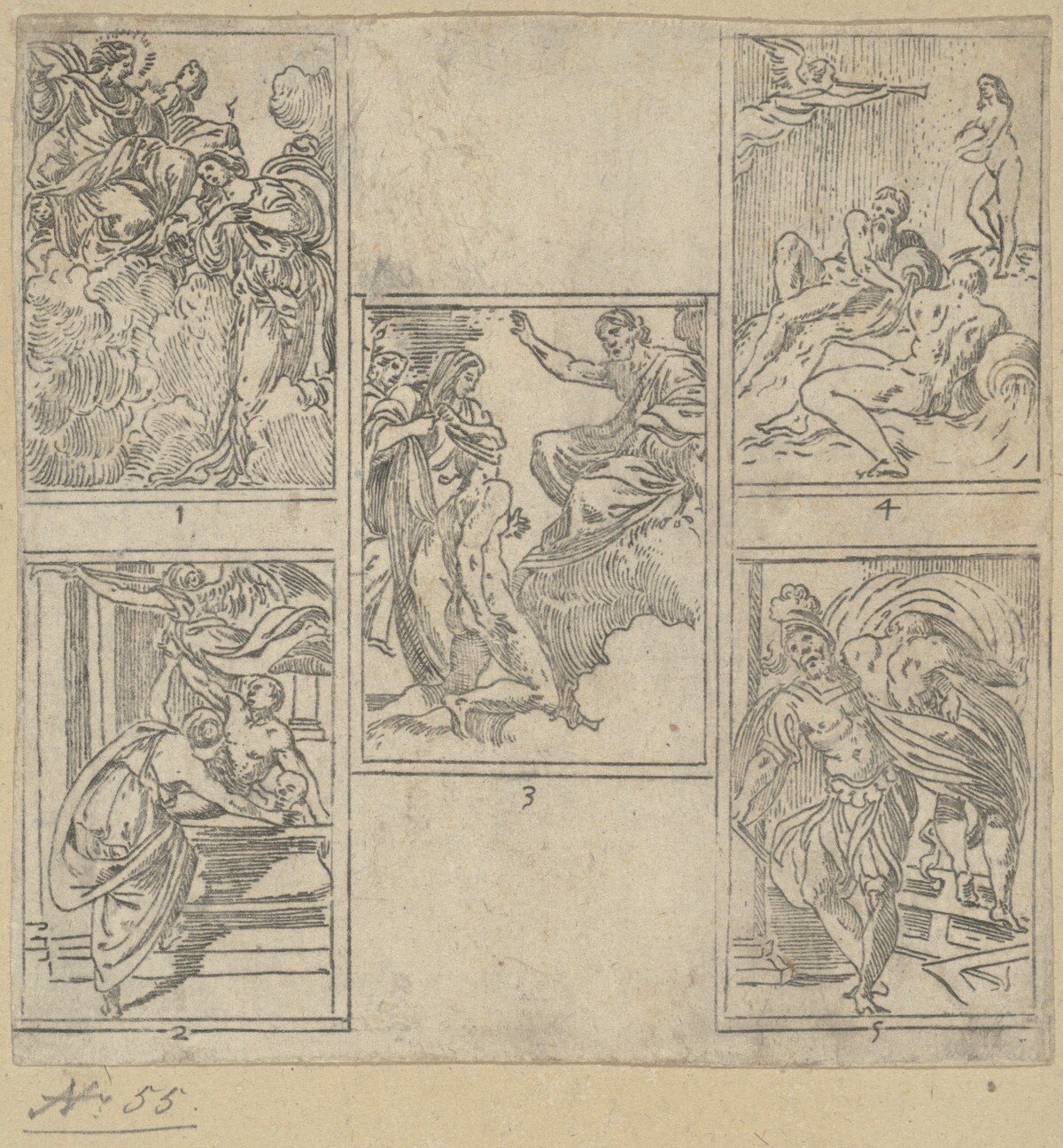 The Obsequies of  Agostino Carracci: Third Plate by Guido Reni, after Giulio Cesare Parigino, after Lorenzo Garbieri, Giovanni Luigi Valesio, Aurelio Bonelli, Lodovico Carracci, and Lorenzo Garbieri