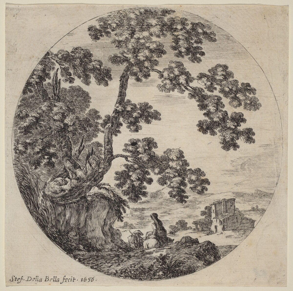 Two Travelers Passing by an Old Oak Tree by Stefano Della Bella