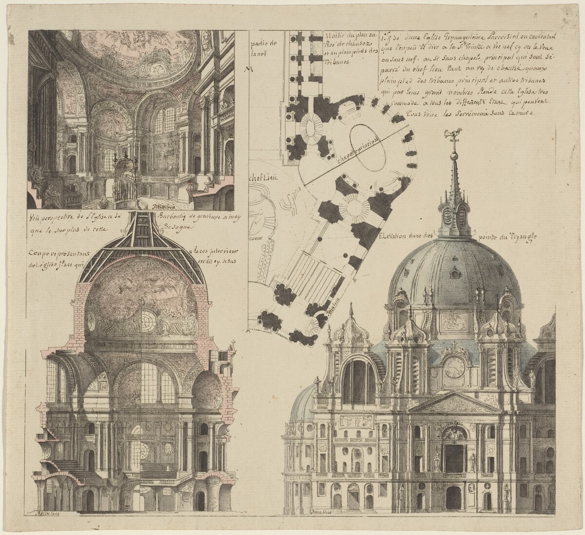 Three Views and a Plan of a Triangular Parish Church by Pierre Varin