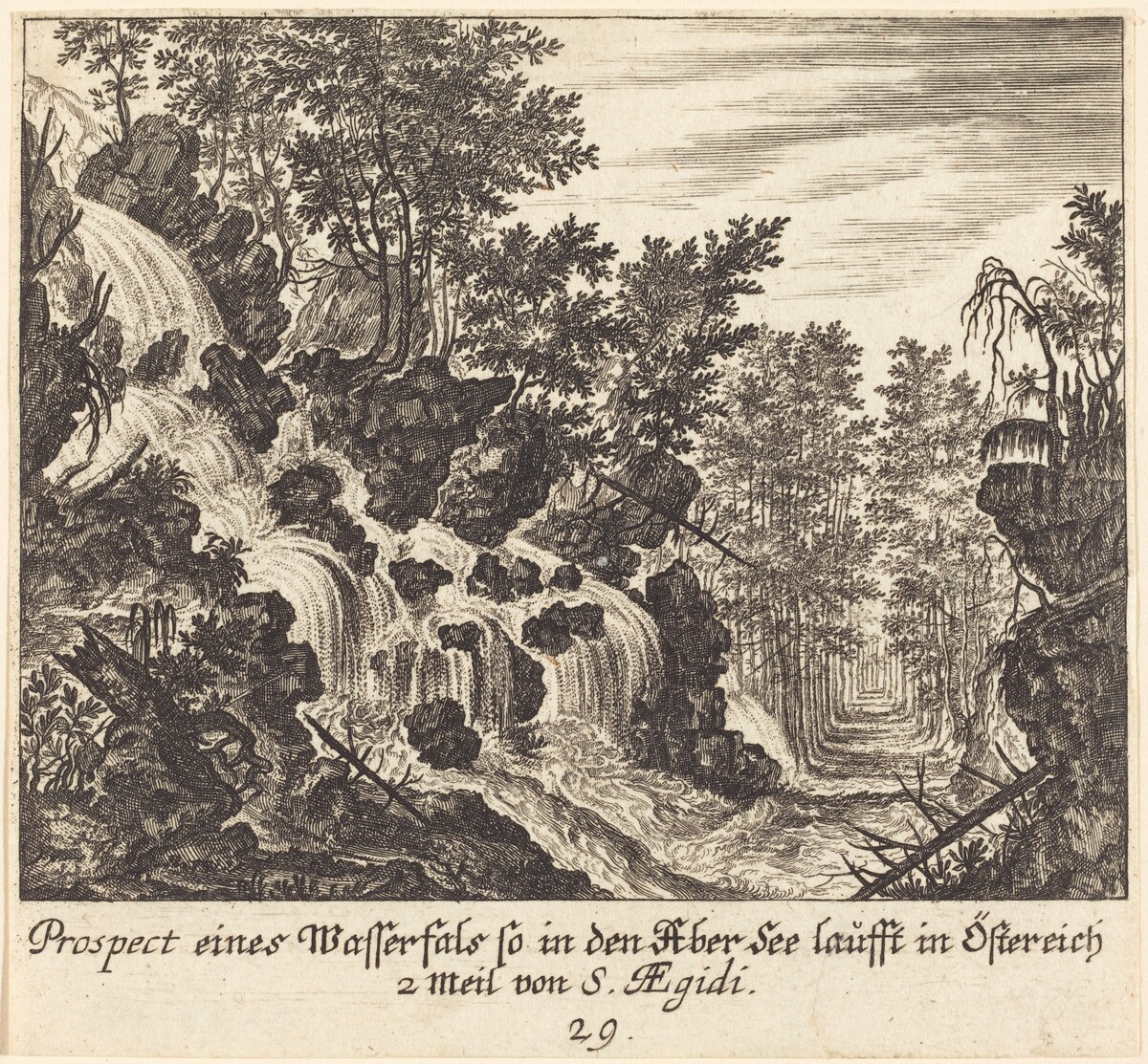 View of a Waterfall, Austria by Melchior Küsel after Johann Wilhelm Baur