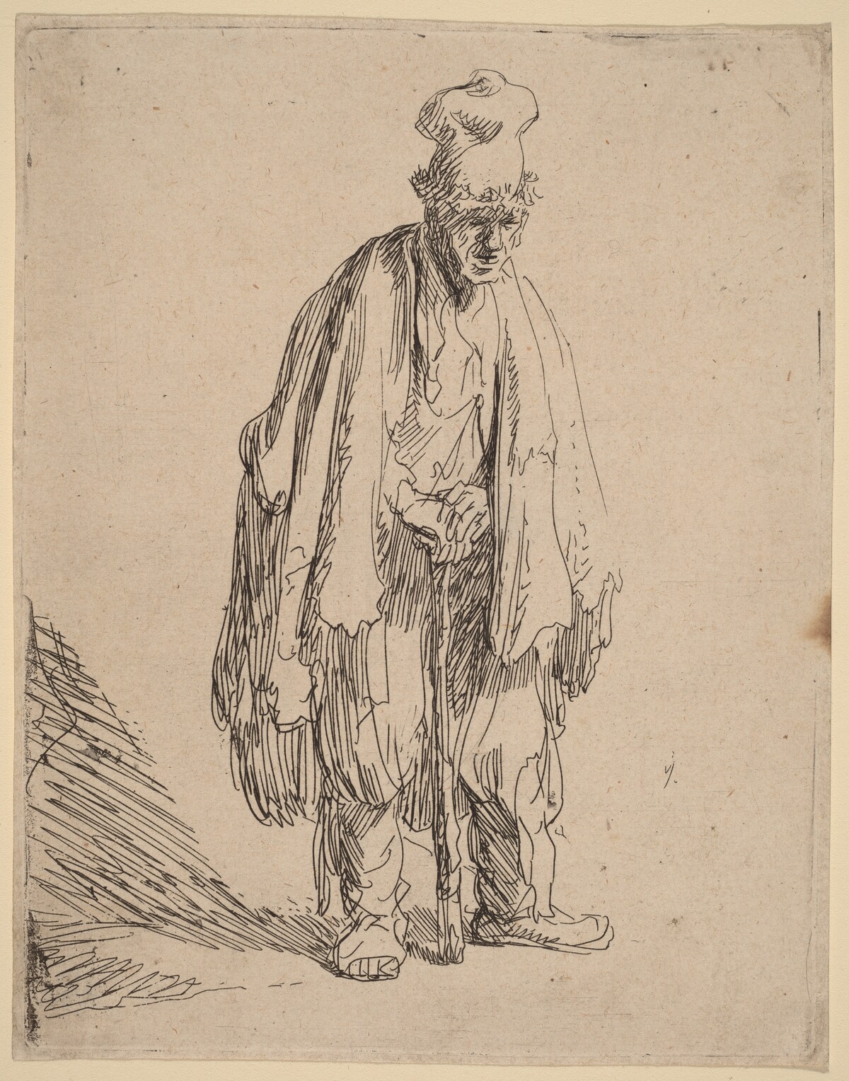 Beggar in a High Cap, Standing and Leaning on a Stick by Rembrandt van Rijn