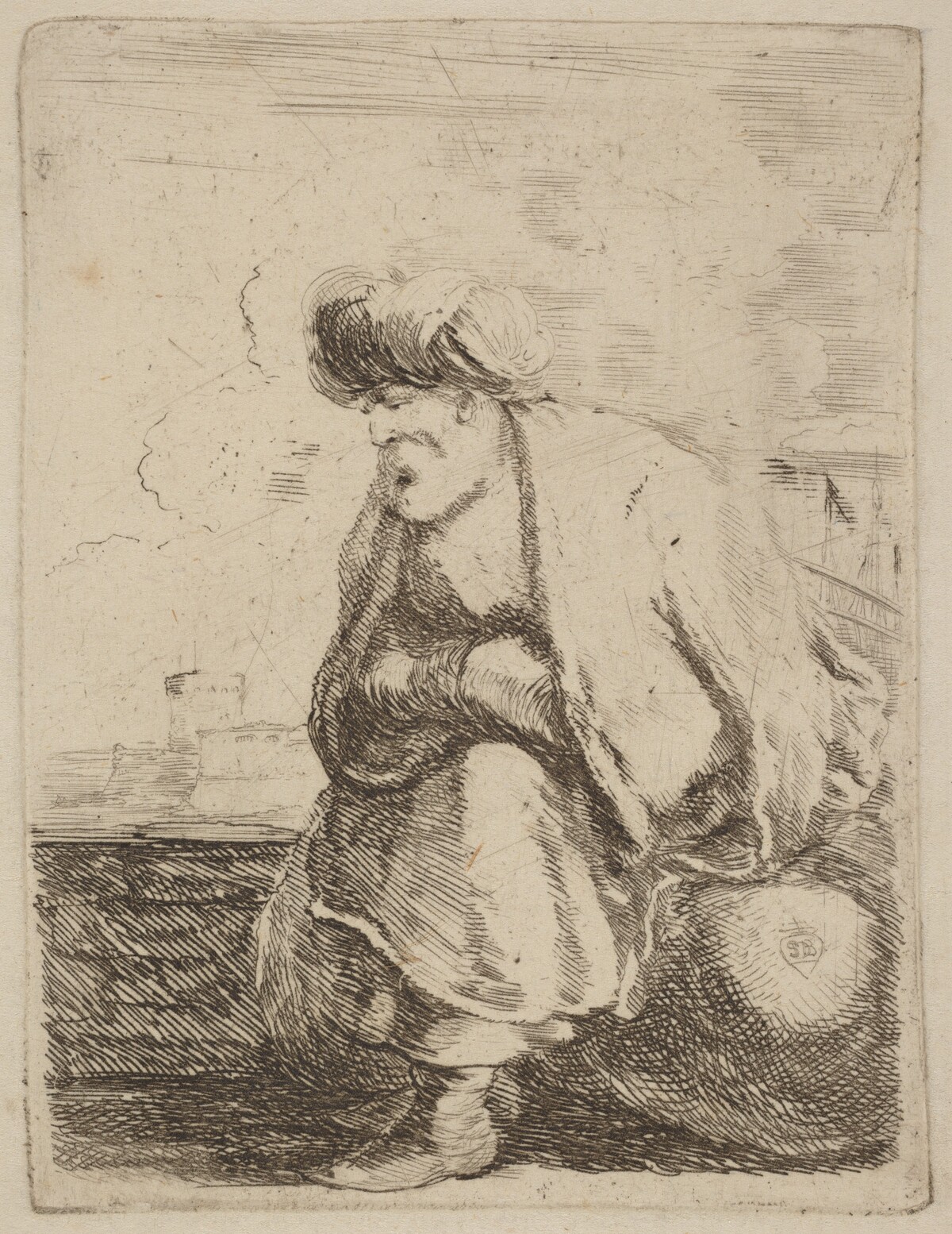 An Old Turk with Turban Seated on a Rock by Stefano Della Bella