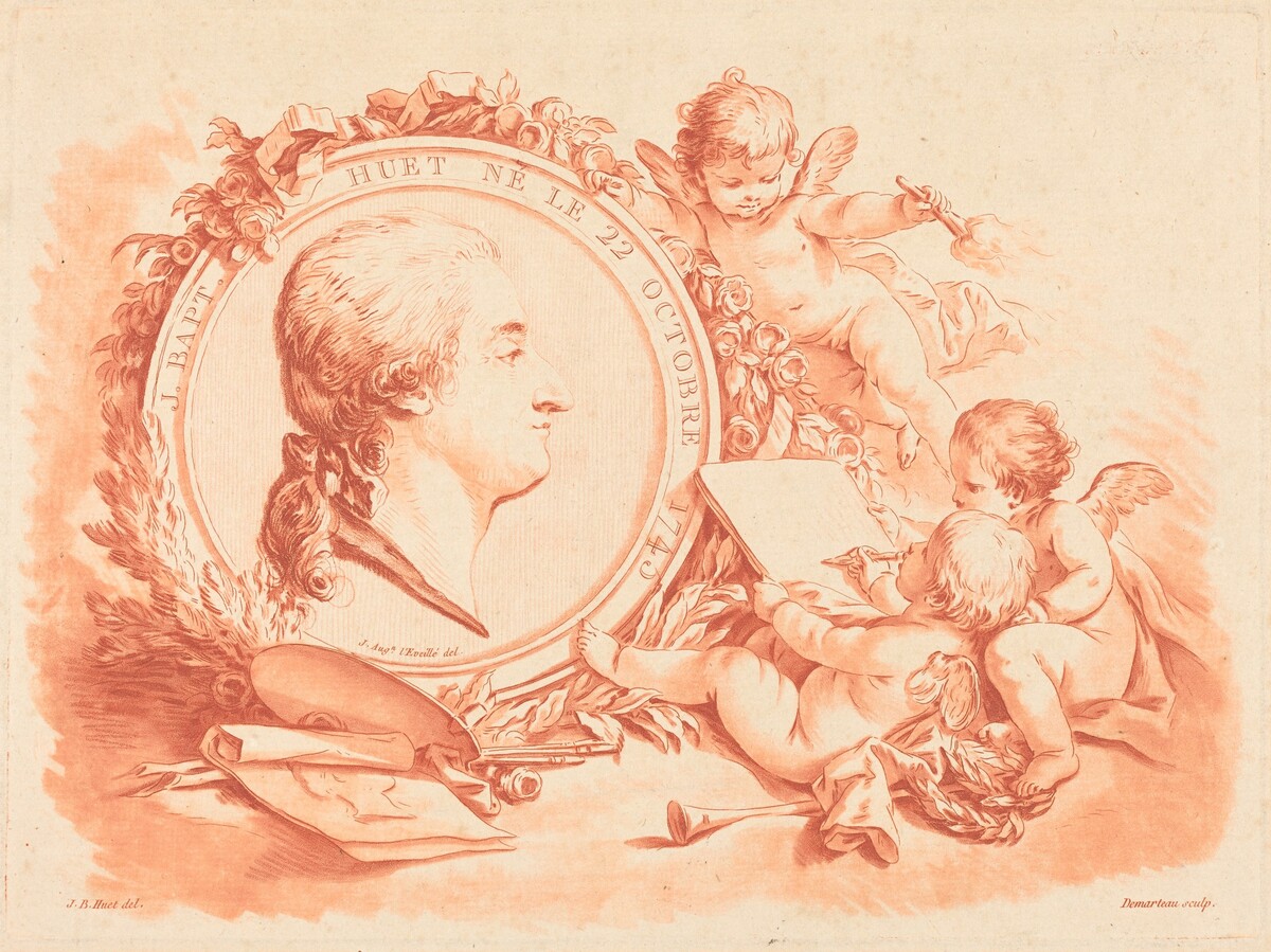 Allegorical Portrait of Jean-Baptiste Hüet by Gilles Demarteau, the Elder after Jean-Baptiste Hüet, I after Jean-Augustin Léveillé