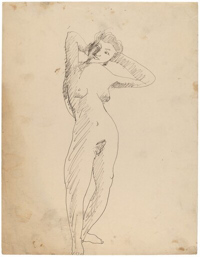 Standing Female Nude in Contraposto Stance with Hands Behind Head