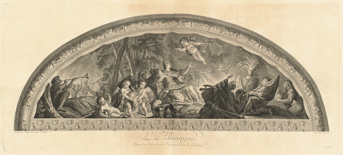 L'Allemagne Cintre du Salon de la Paix en face de la Galerie (Germany, Center of the Salon of Peace Opposite the Gallery) [pl. 46] by Jean-Baptiste Massé (designer) and Nicolas-Dauphin de Beauvais (engraver) after Charles Le Brun