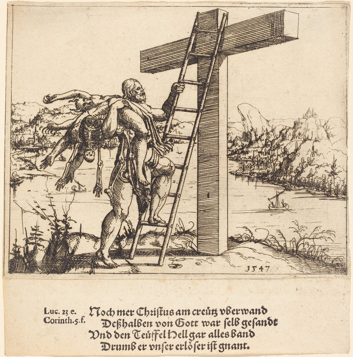 Christ Ascending the Cross with Sin, Death, and the Devil by Augustin Hirschvogel