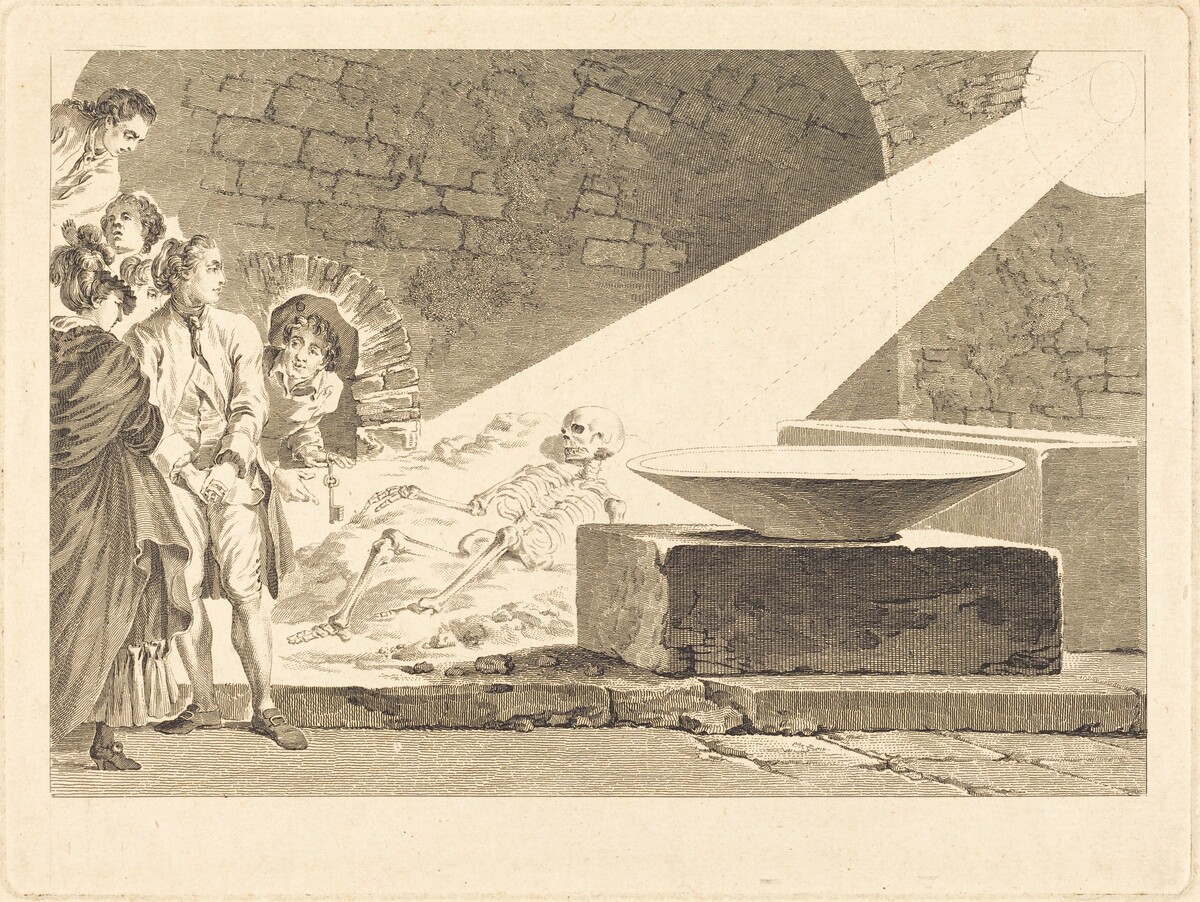 Fragonard and Bergeret with Their Wives Visiting a Tomb in Pompeii by Claude-Mathieu Fessard after Jean-Honoré Fragonard