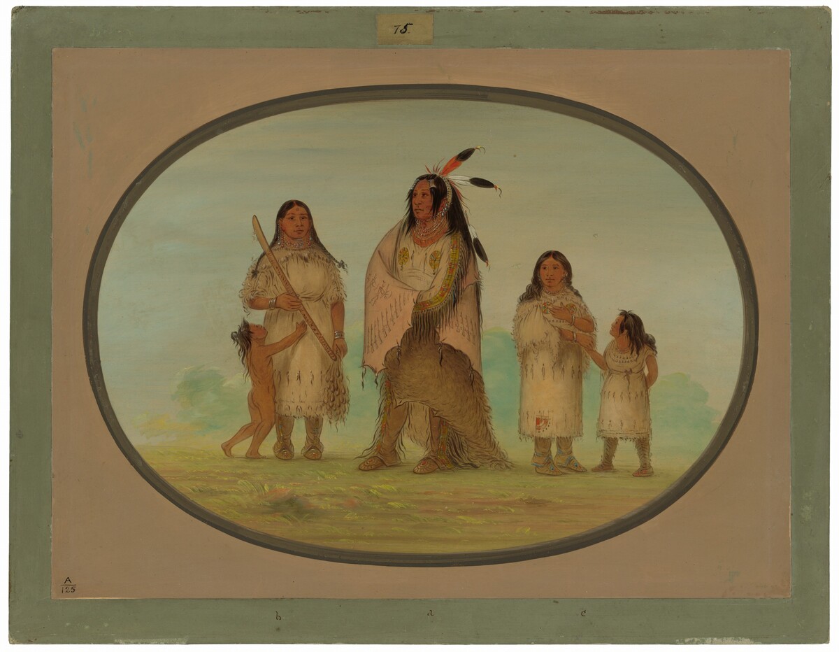 Assinneboine Warrior and His Family by George Catlin