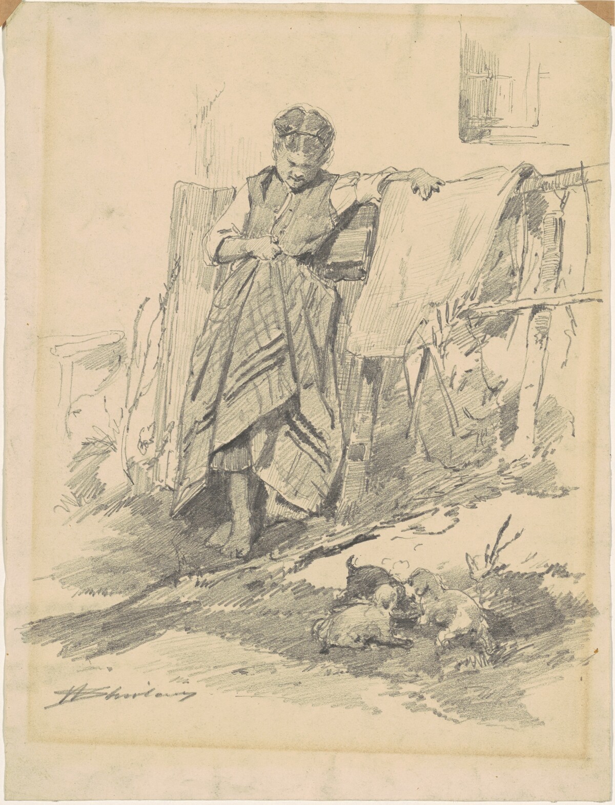 Woman Watching Puppies by Walter Shirlaw