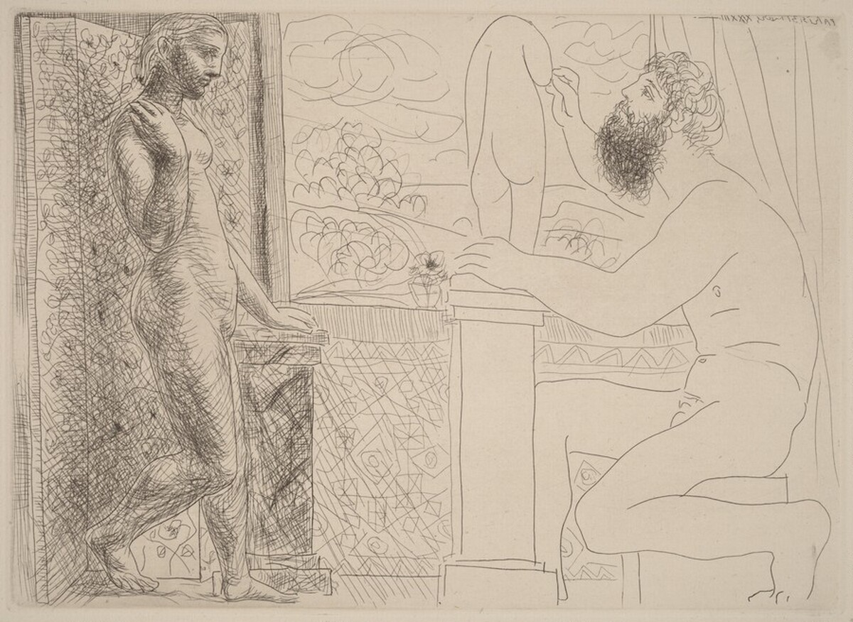 Sculptor at Work with Marie-Thérèse Posing (Sculpteur travaillant sur le motif avec Marie-Thérèse posant) by Pablo Picasso