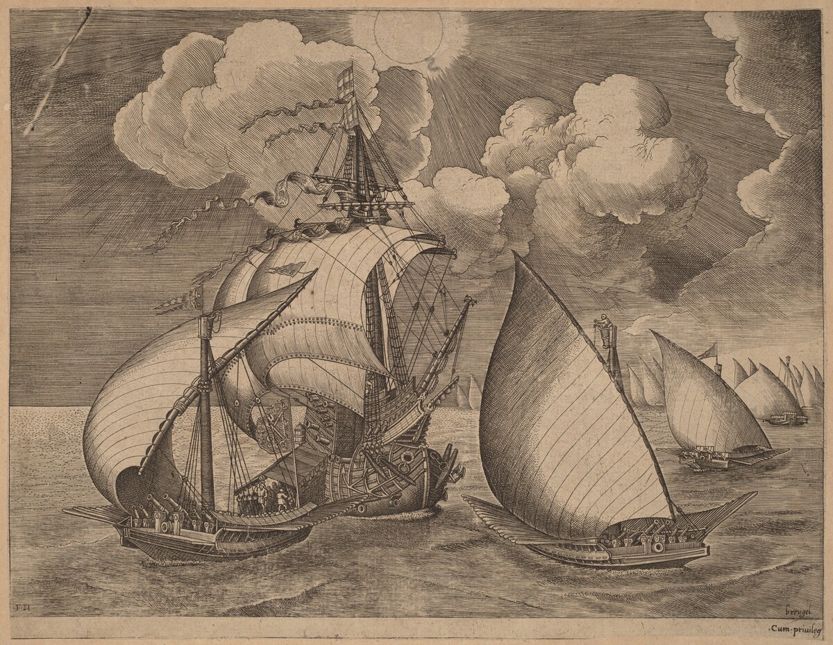 A Fleet of Galleys Escorted by a Caravel by Frans Huys after Pieter Bruegel the Elder