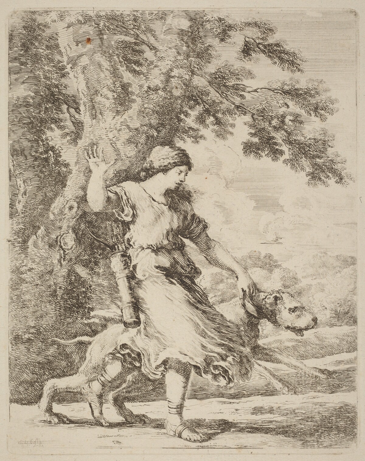 Nymph Holding a Large Dog by a Collar by Stefano Della Bella