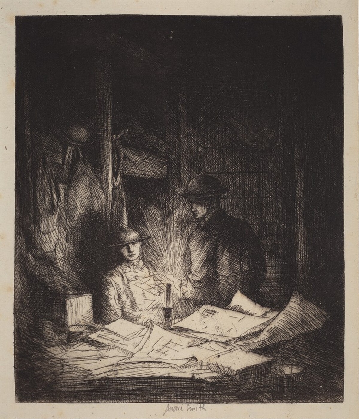 Untitled (An Officer Reading Dispatches in Candle-Lit Barracks, World War I) by Jules André Smith