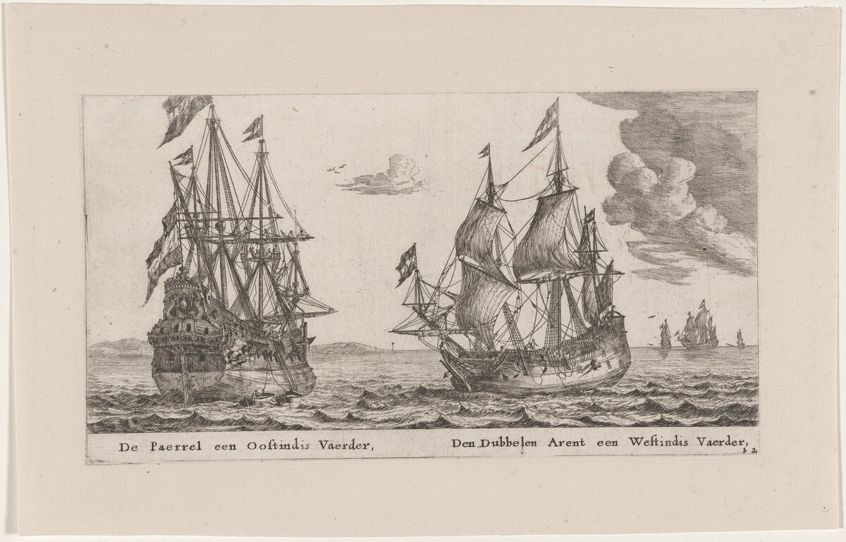 The "Parel" (Pearl), an East Indiaman and the "Dubbele Arent" (Spread Eagle), a West Indiaman by Reinier Nooms, called Zeeman