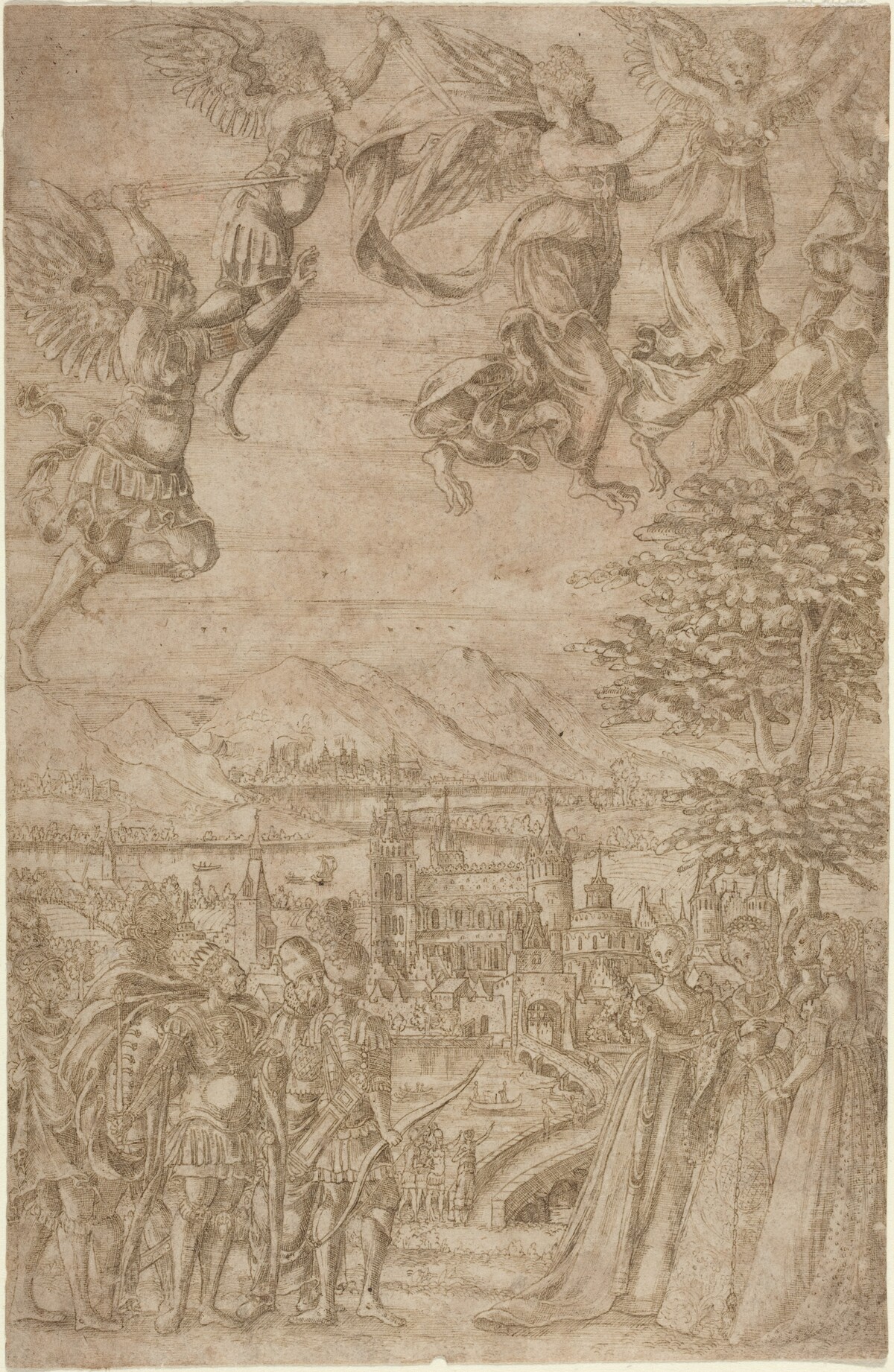 A King and His Retinue Confronting Ladies under a Celestial Battle by French 17th Century
