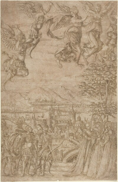 A King and His Retinue Confronting Ladies under a Celestial Battle