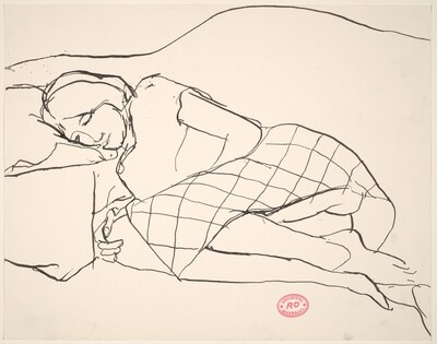 Untitled [woman in a checked skirt resting on her side]