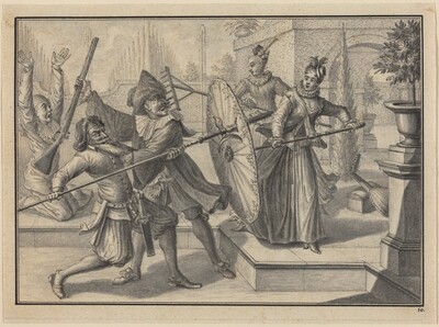 Pantaloon and the Doctor Fighting with Columbine and Brigatella in the Garden