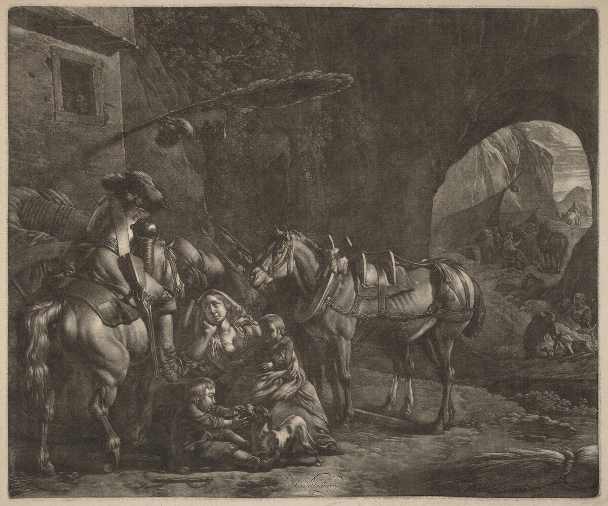Mother with Two Children  and a Horse in Front of an Inn by Jan van Huchtenburgh