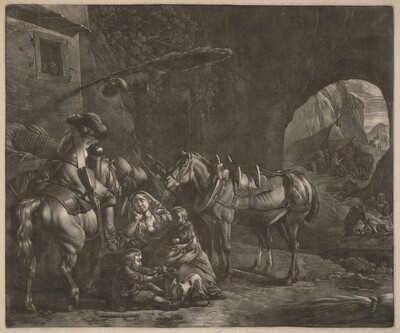 Mother with Two Children  and a Horse in Front of an Inn