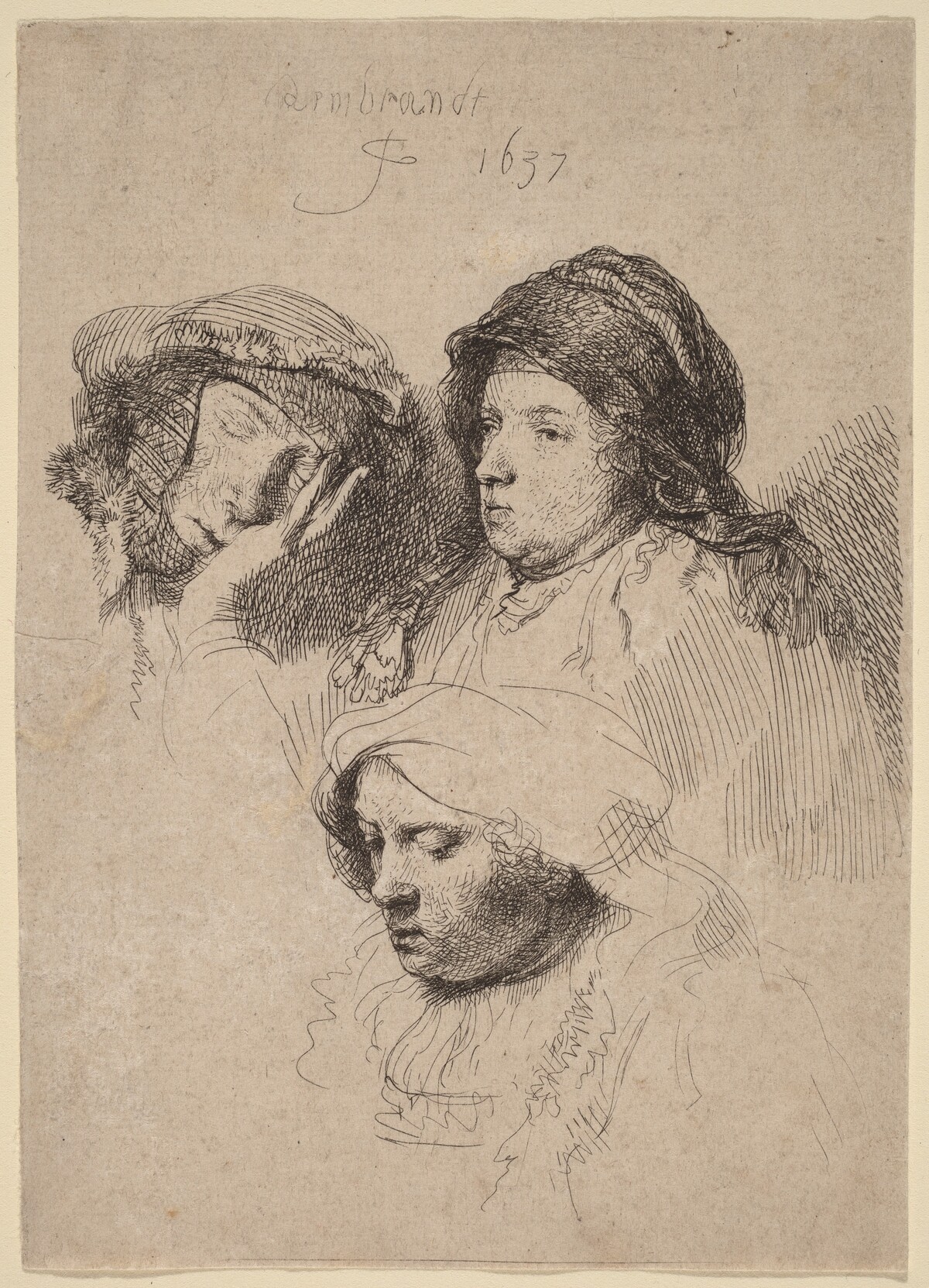 Three Heads of Women, One Asleep by Rembrandt van Rijn