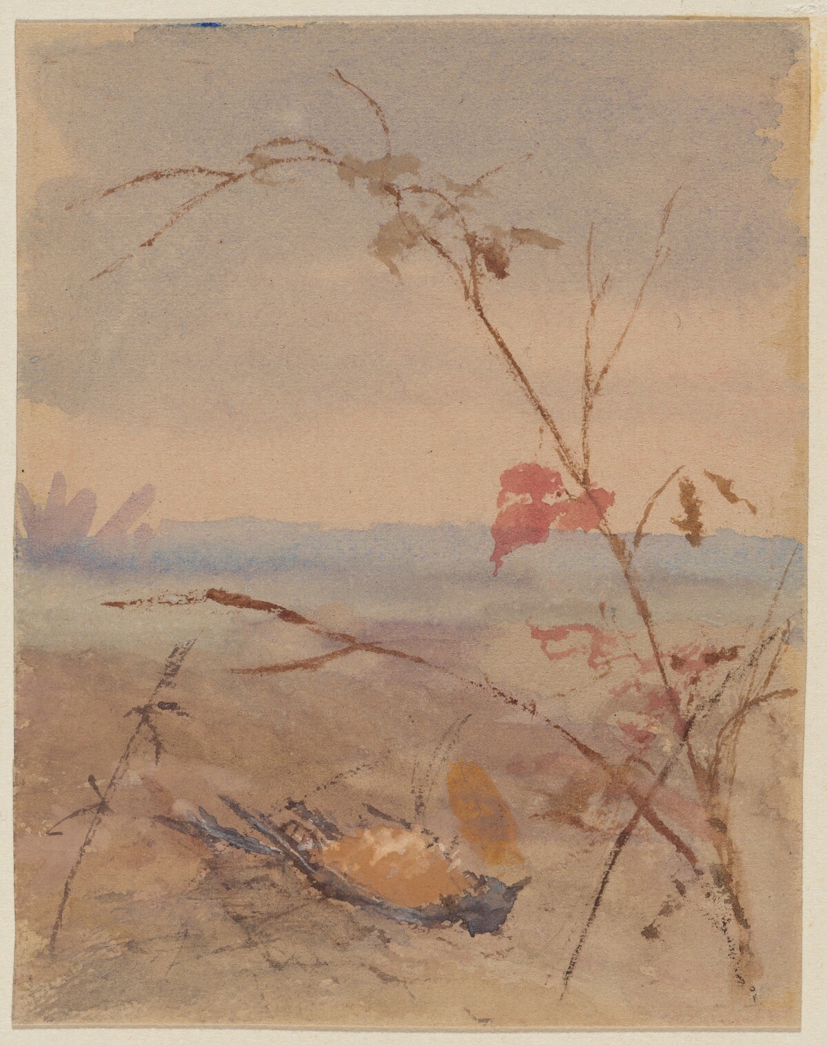 Dead Yellow-breasted Bird in Autumn Landscape by Fidelia Bridges