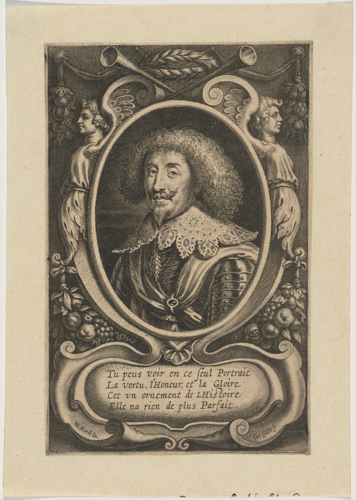 Portrait of Man in Oval with Decoration of Winged Figures by Cornelis Galle I after Nikolaus van der Horst