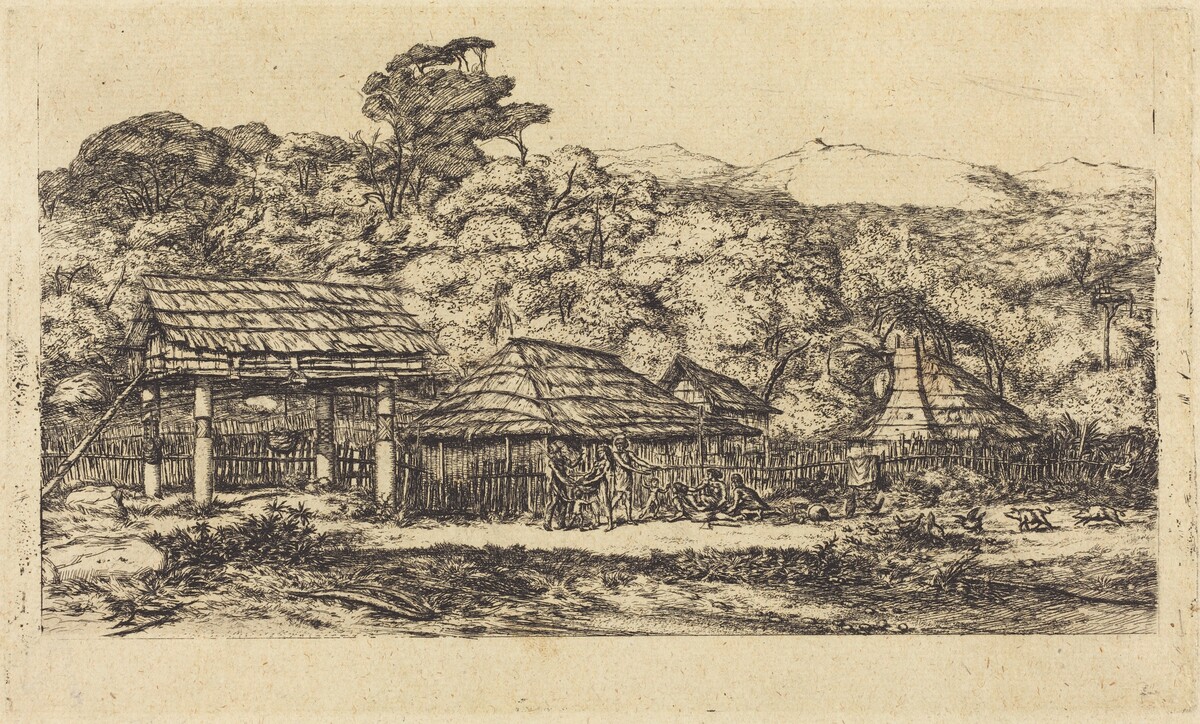 Greniers indigènes et habitations à Akaroa, presqu'Ile de Banks, 1845 (Native Barns and Huts at Akaroa, Banks' Peninsula, 1845) by Charles Meryon