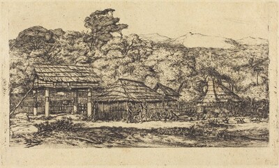 Greniers indigènes et habitations à Akaroa, presqu'Ile de Banks, 1845 (Native Barns and Huts at Akaroa, Banks' Peninsula, 1845)