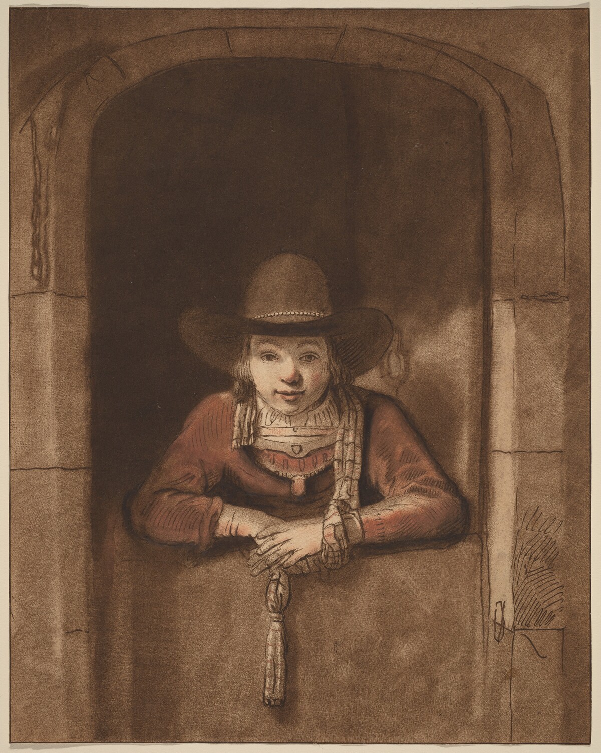 Boy Leaning over a Lower Door by Cornelis Ploos van Amstel, after Samuel van Hoogstraten (formerly Rembrandt van Rijn)