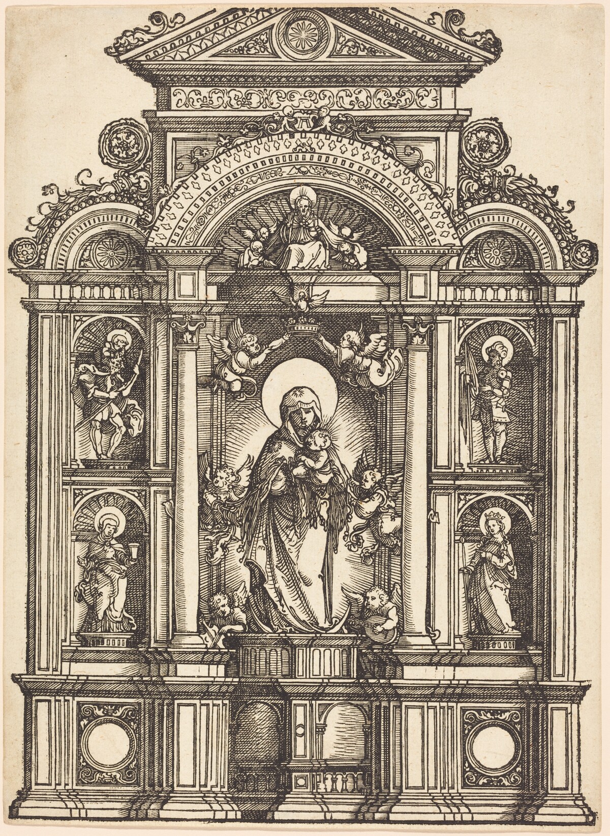 Altarpiece with the Beautiful Virgin of Regensburg and Saints Christopher, Mary Magdalene, Florian, and Catherine Standing in Niches, with God the Father Above by Albrecht Altdorfer