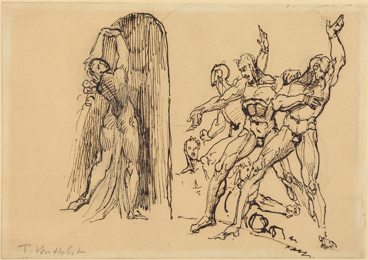 Five Male Nudes Gesticulating as a Nude Woman Enters a Portal by Theodore M. von Holst