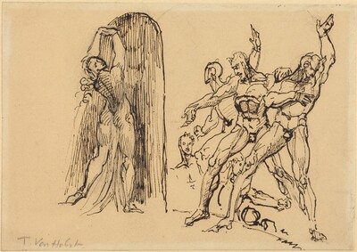 Five Male Nudes Gesticulating as a Nude Woman Enters a Portal