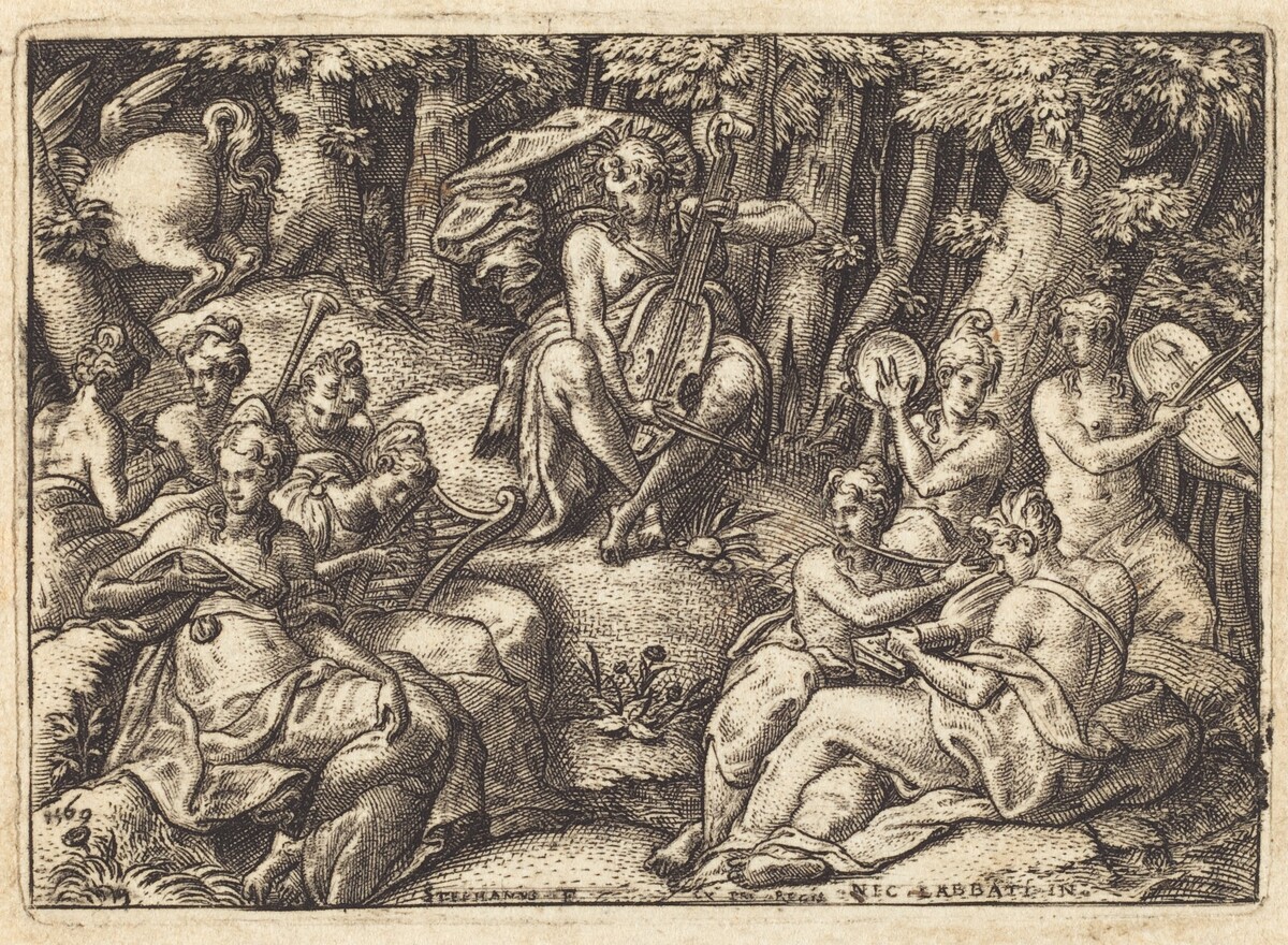 Apollo on Mount Parnassus by Etienne Delaune after Niccolò dell' Abate
