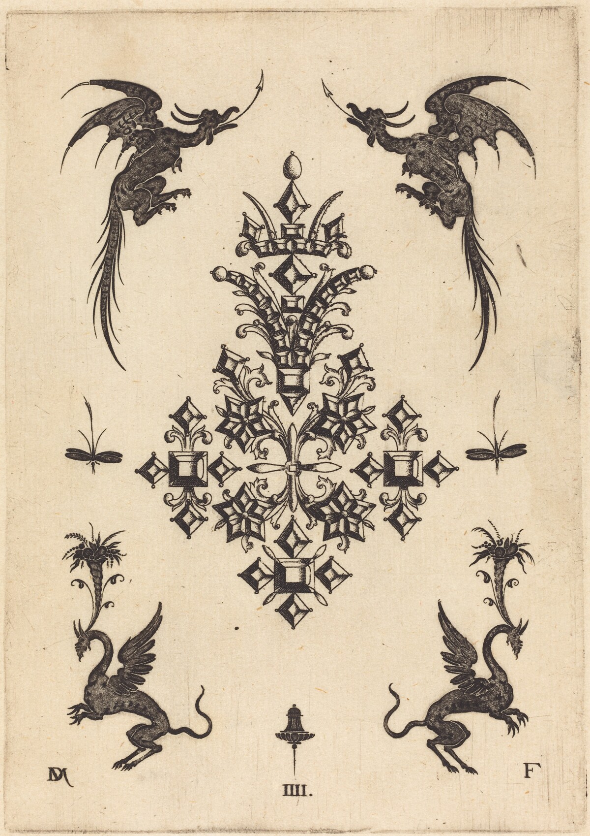 Brooch with Table-Stones, Winged Dragons at Top, and Griffins at Bottom by Daniel Mignot