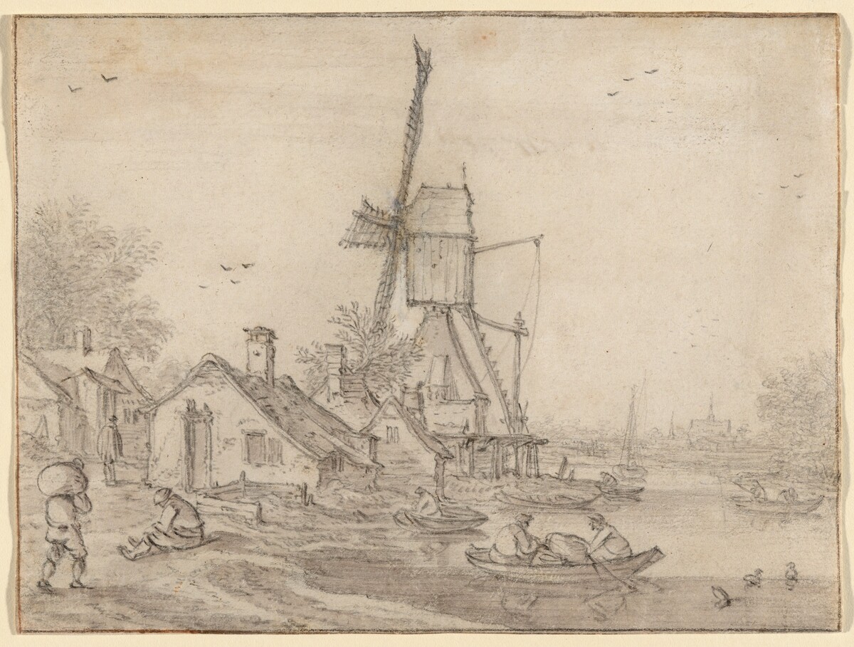 A Windmill and Cottages on a River Bank, Men in Rowing Boats by Esaias van de Velde