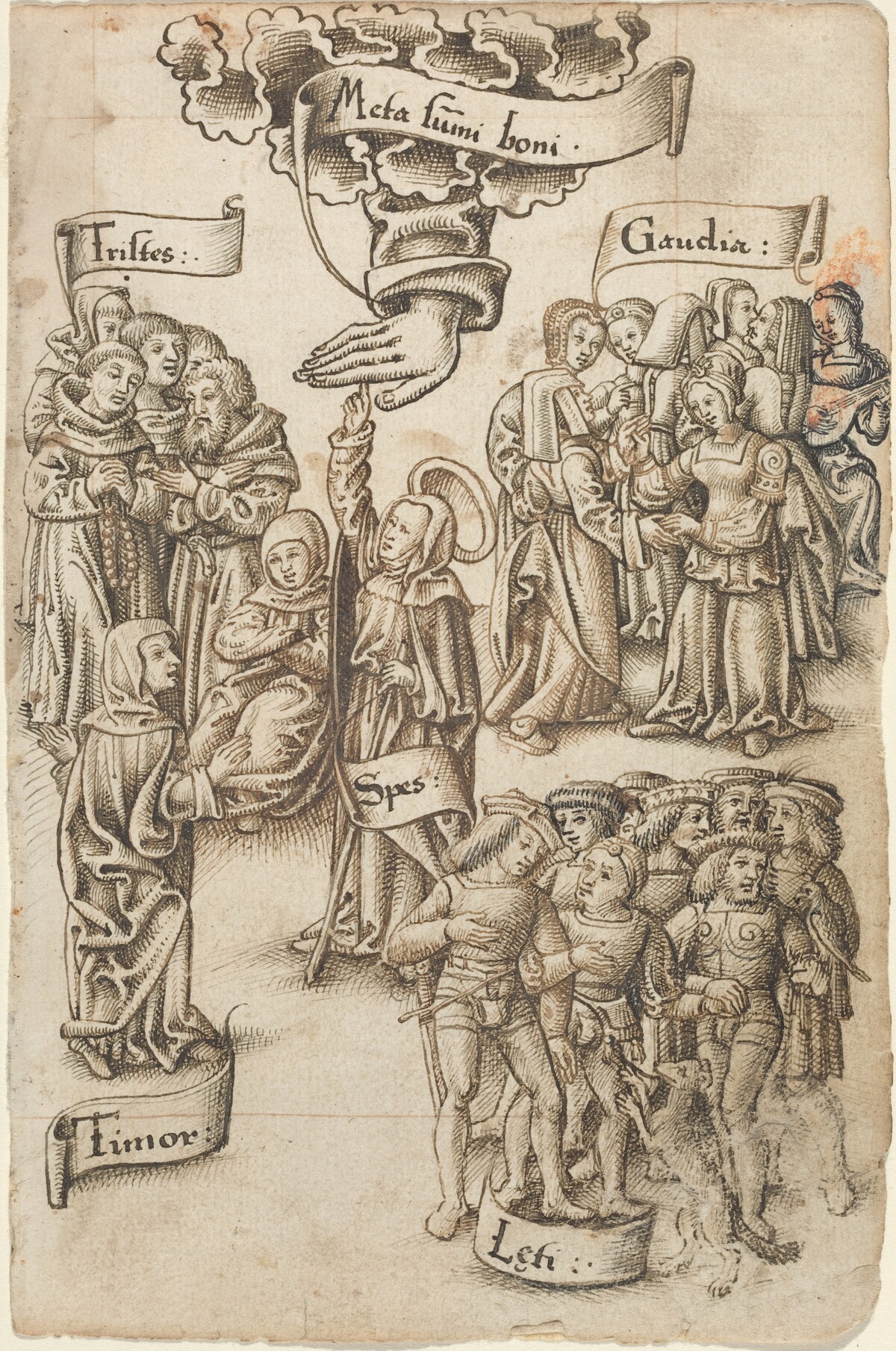 Hope, Reaching for Heaven, Stands among Sad and Happy Men, Joys, and Fear [fol. 19 recto] by French early 16th Century