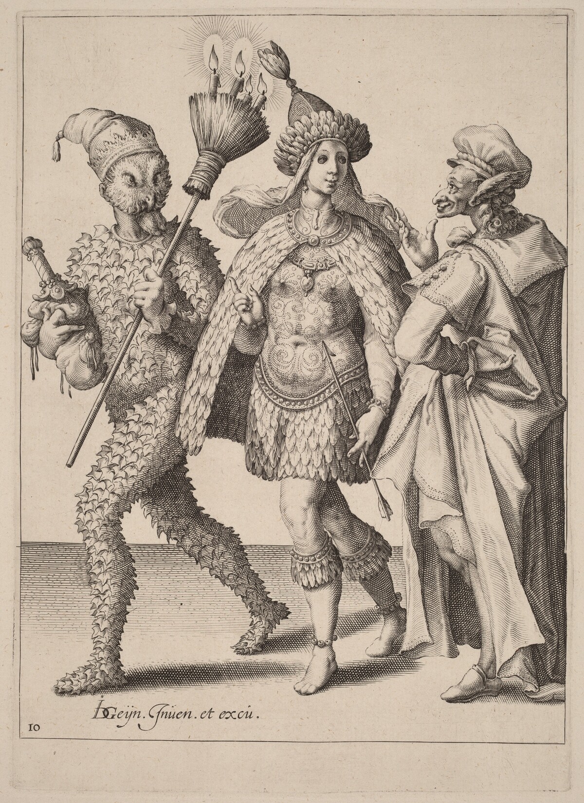 An Old Mummer Addressing a Couple Dressed in Feathers by Attributed to Zacharias Dolendo after Jacques de Gheyn II