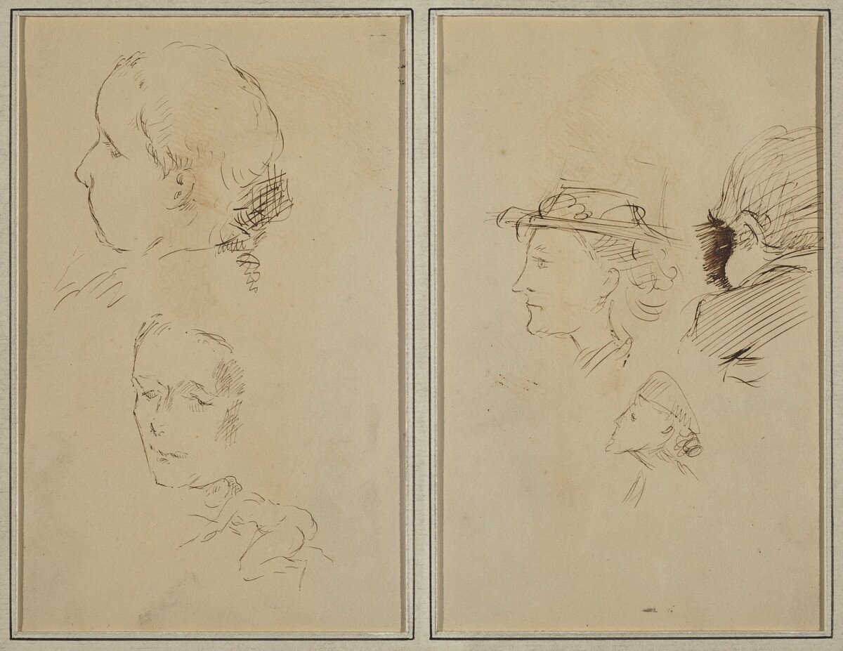 Two Head Studies and a Crouching Nude Woman; Two Women's Heads and a Head of Child [recto] by Paul Gauguin